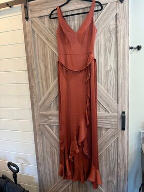 Rust-Orange Ruffle Satin Maxi Dress from David’s Bridal